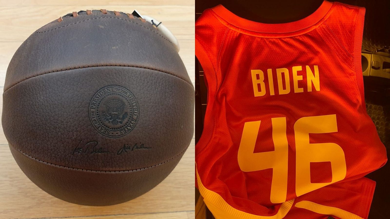 La pelota cosida a mano, regalo de Biden a Sánchez, y la camiseta de la selección con la que obsequió el líder español al estadounidense. 