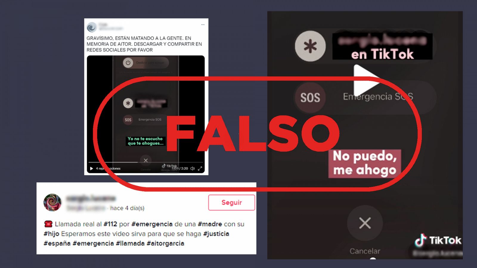 Mensajes de redes sociales que difunden como actual el caso del joven Aitor García, con el sello 'Falso' en rojo