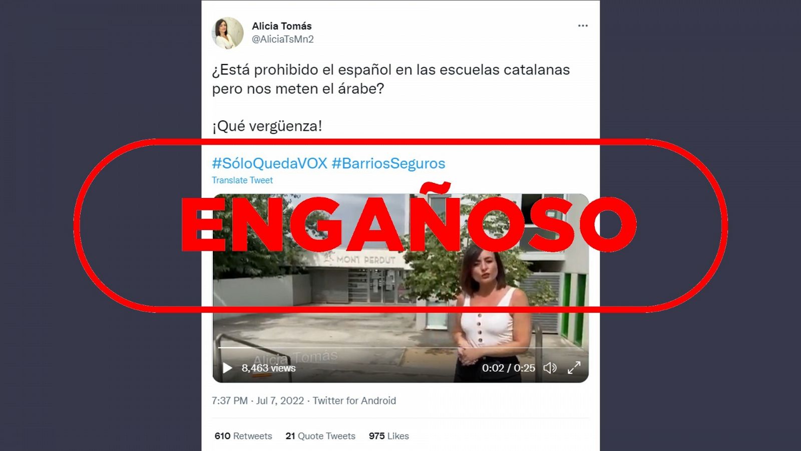 Mensaje en Twitter de la coordinadora de VOX en Terrassa con sello de Engañoso