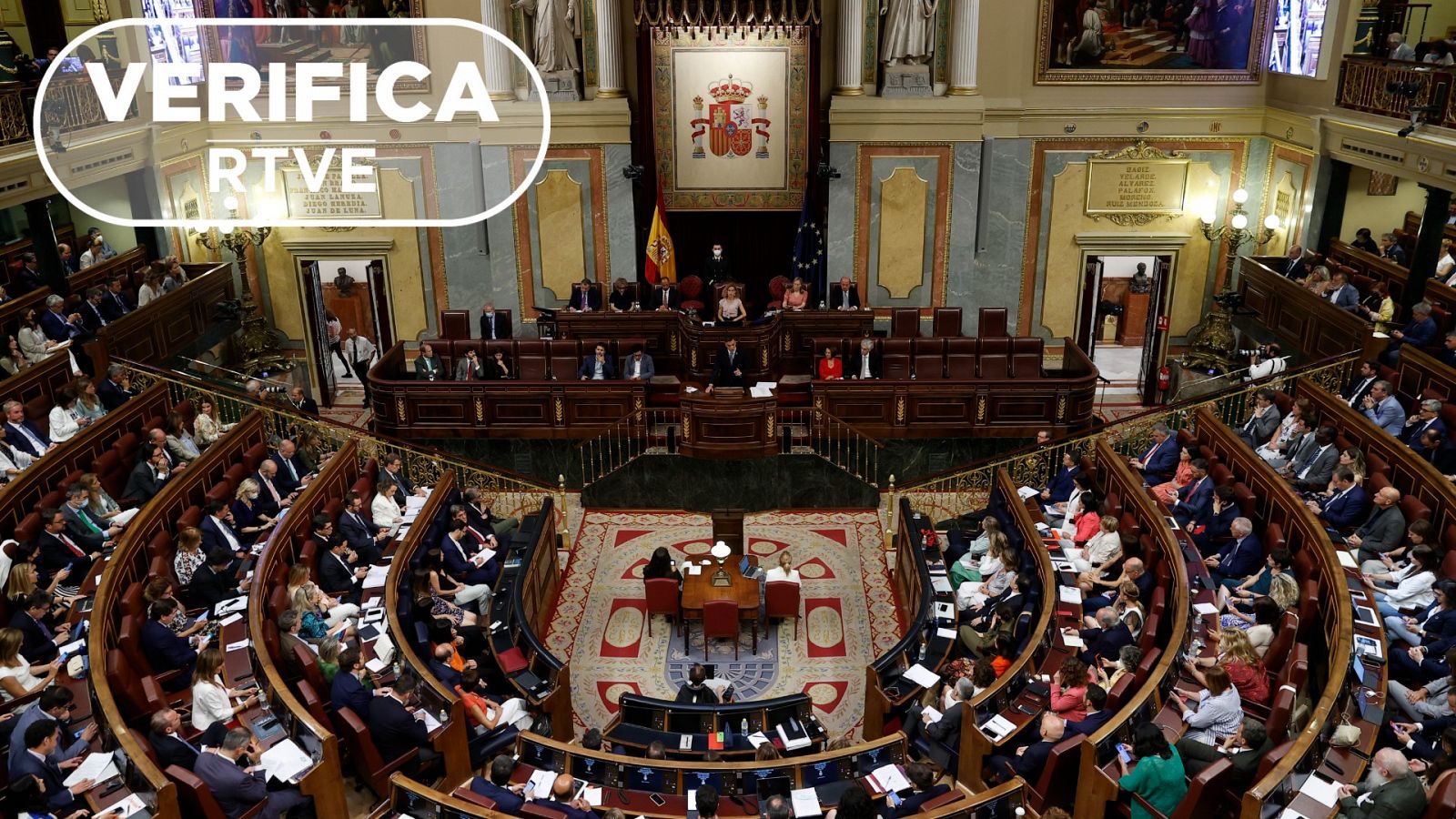 Fotografía del hemiciclo del Congreso de los diputados en la Primera jornada del debate sobre el estado de la nación. Con el sello VerificaRTVE