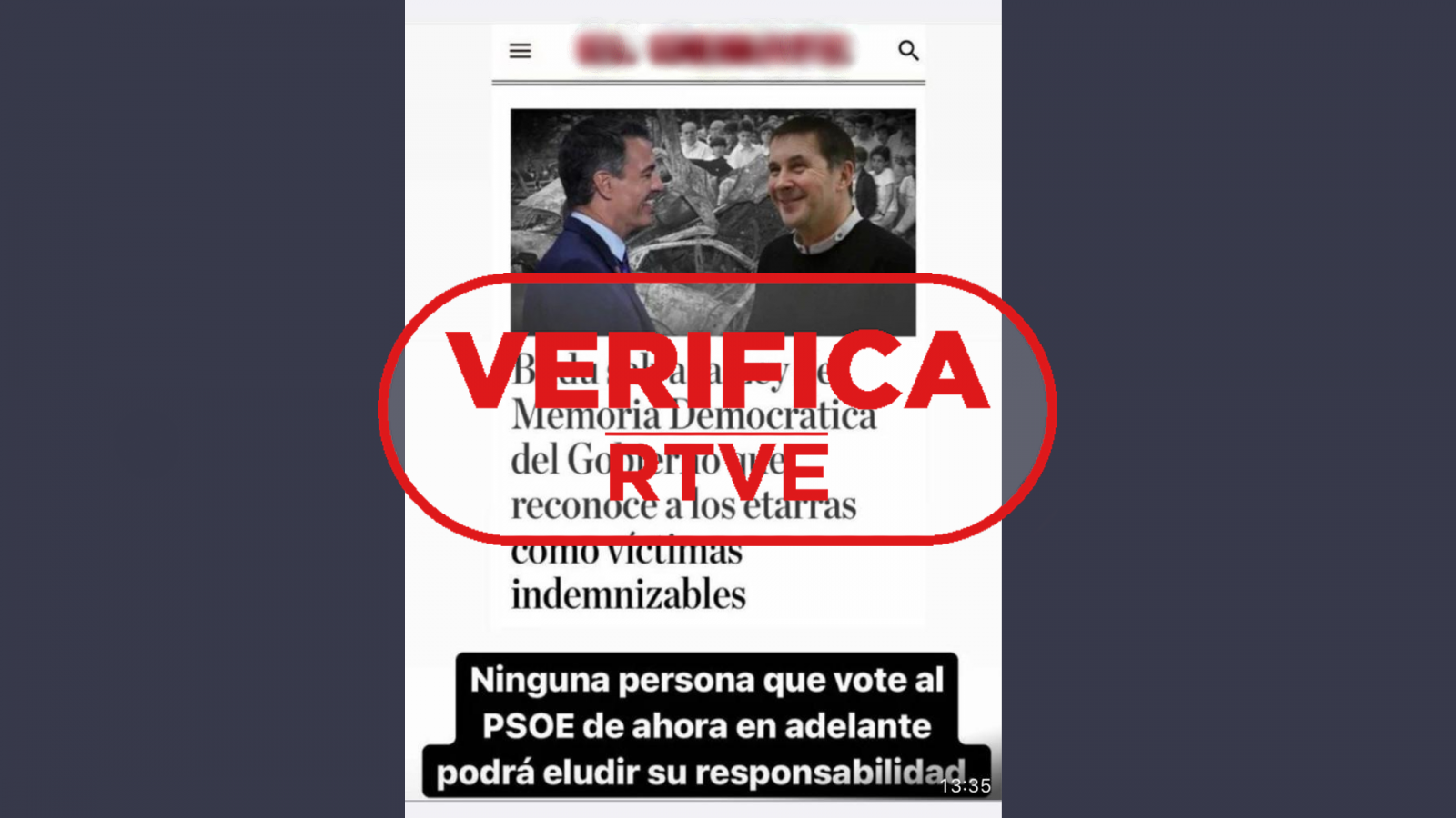 Mensaje que afirma que los miembros de ETA serán reconocidos como víctimas indemnizables según a la ley de Memoria Democrática, con el sello 'VerificaRTVE' en rojo