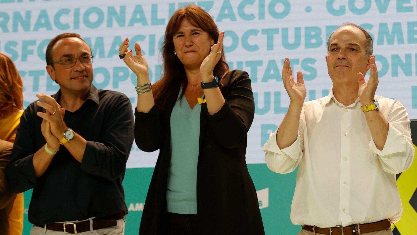 Josep Rull, Laura Borràs y Jordi Turull, durante la segunda jornada del congreso de JxCat.
