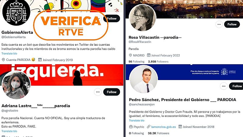 Cuatro cuentas de Twitter supuestamente paródicas que publican mensajes de suplantación, con el sello naranja de VerificaRTVE