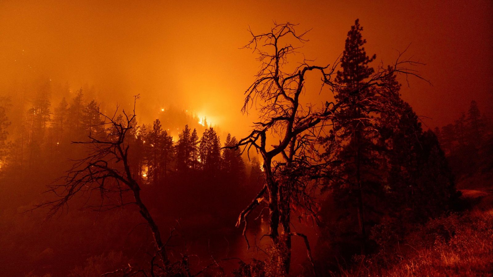 Las llamas arden hasta el río durante el incendio 'McKinney' en el Bosque Nacional Klamath al noroeste de Yreka, California