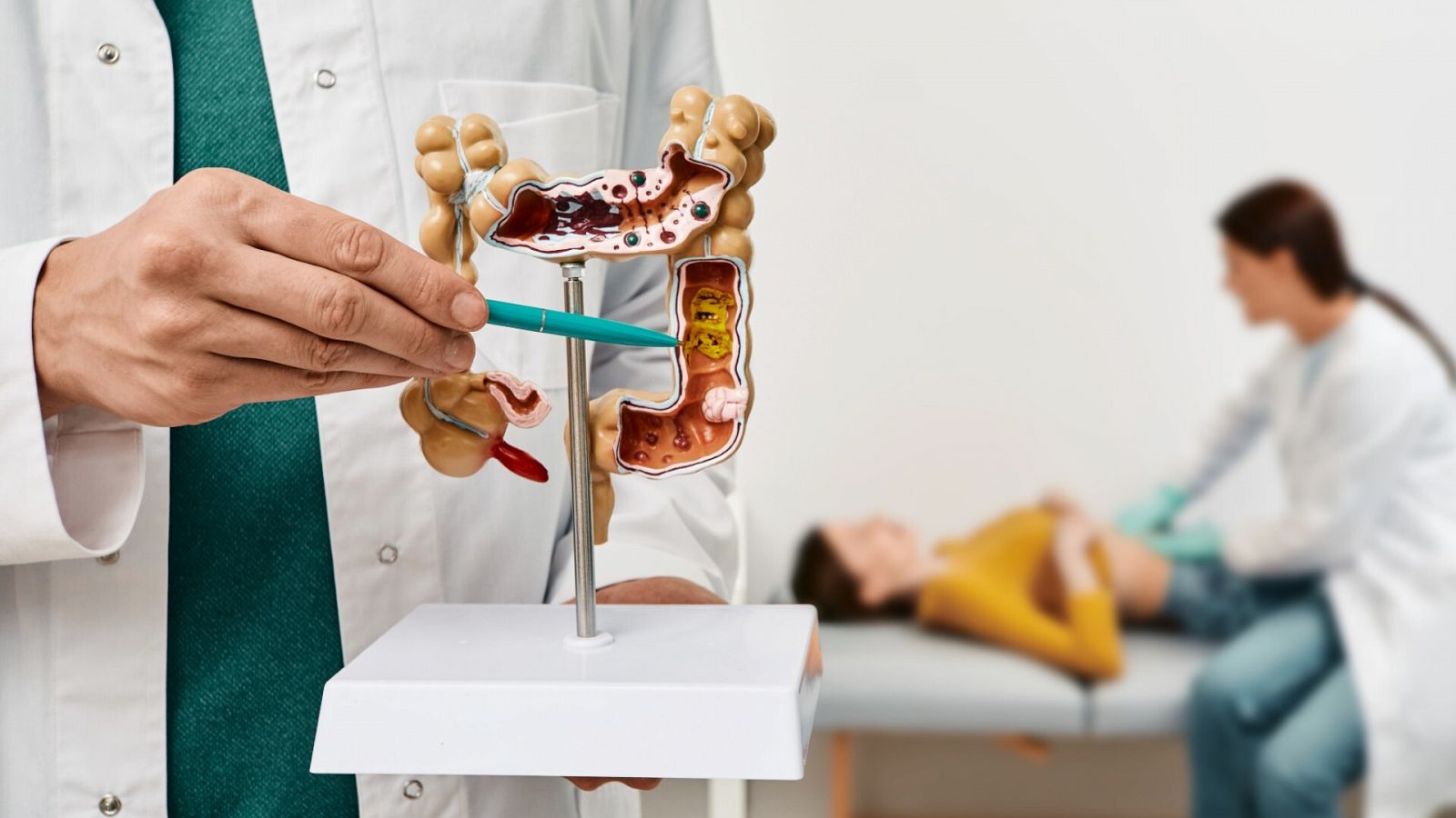Un médico muestra una maqueta de un colón mientras una médica atiende a una paciente
