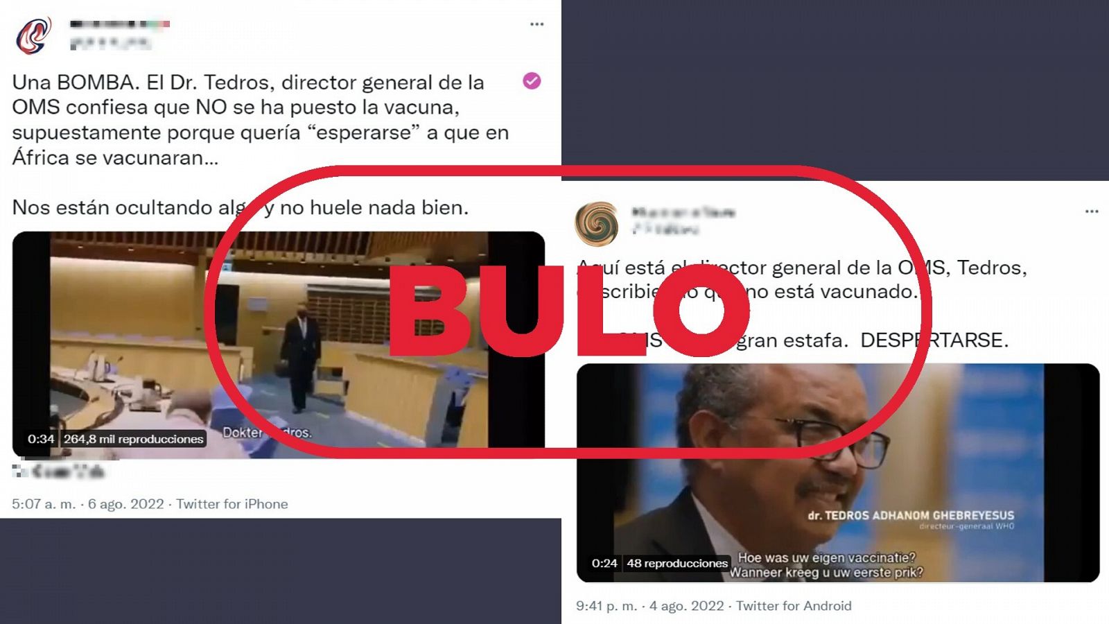 Mensajes que difunden el bulo de la no vacunación de Tedros Adhanom, director general de la Organización Mundial de la Salud con el sello: Bulo