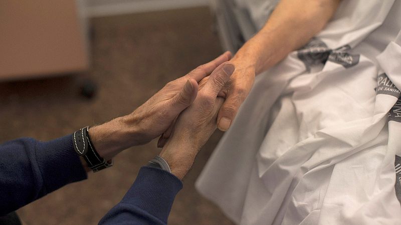 Dos manos entrelazadas en señal de despedida en un proceso de eutanasia