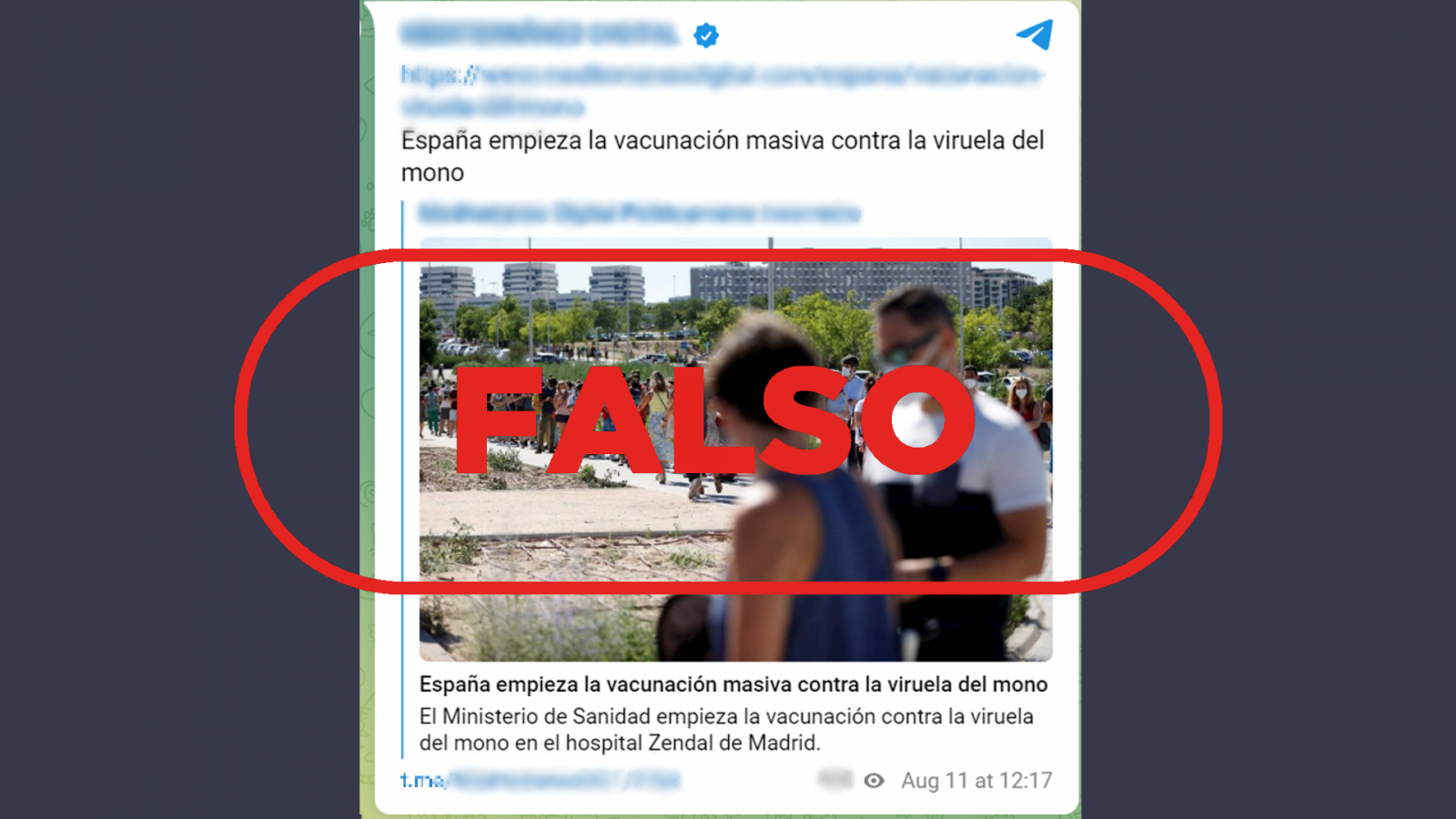 Mensaje falso de Telegram que afirma que en España se vacuna de forma masiva contra la viruela del mono, con el sello 'Falso' en rojo