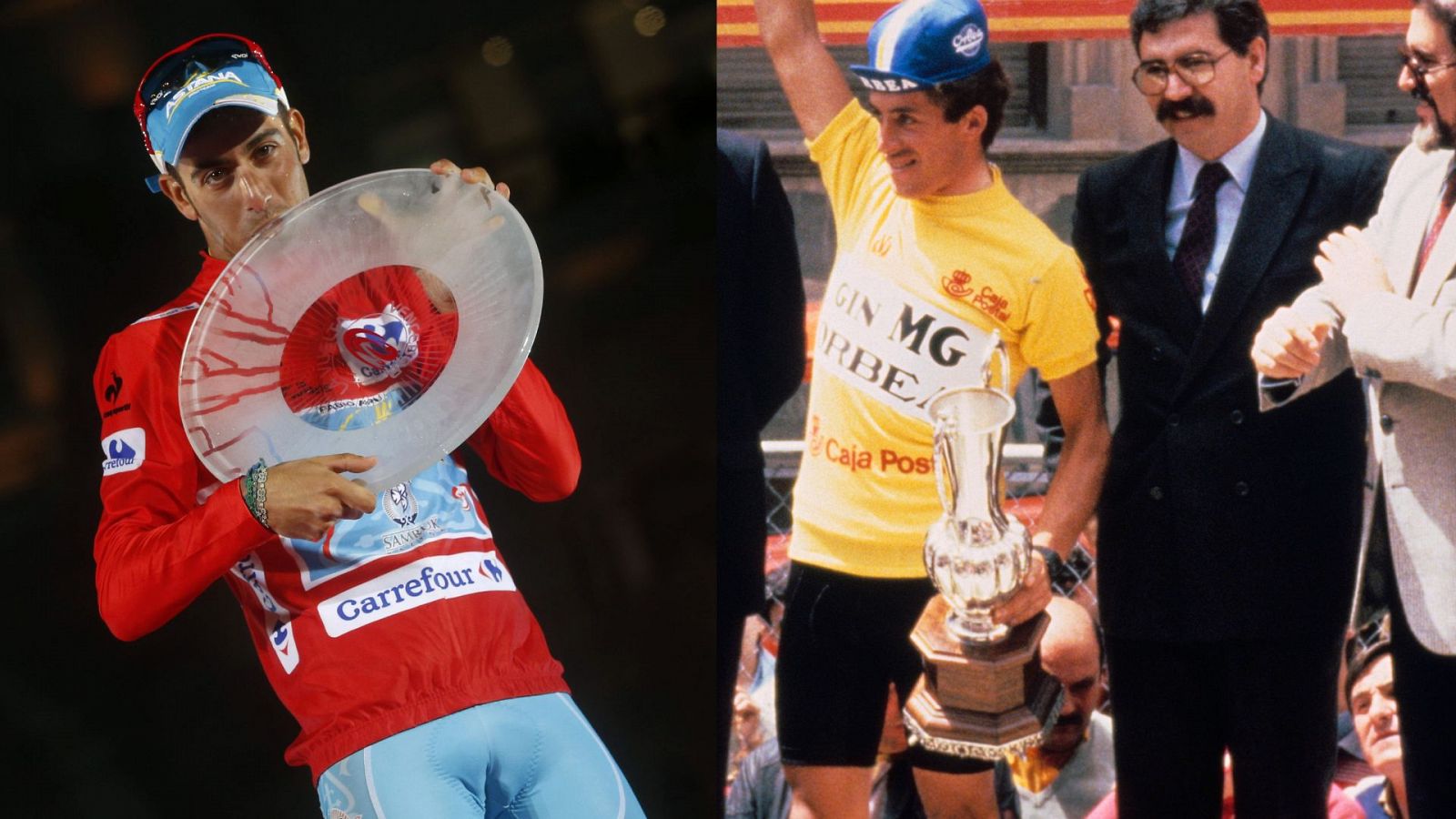 El italiano Fabio Aru, vencedor de la Vuelta 2015, y Perico Delgado, vencedor en 1985.