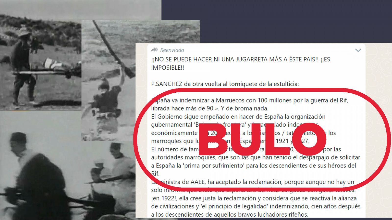 Imagen del mensaje que difunde el bulo sobre la indemnización de España a Marruecos por la guerra del Rif, con el sello de vulo de VerificaRTVE en rojo.