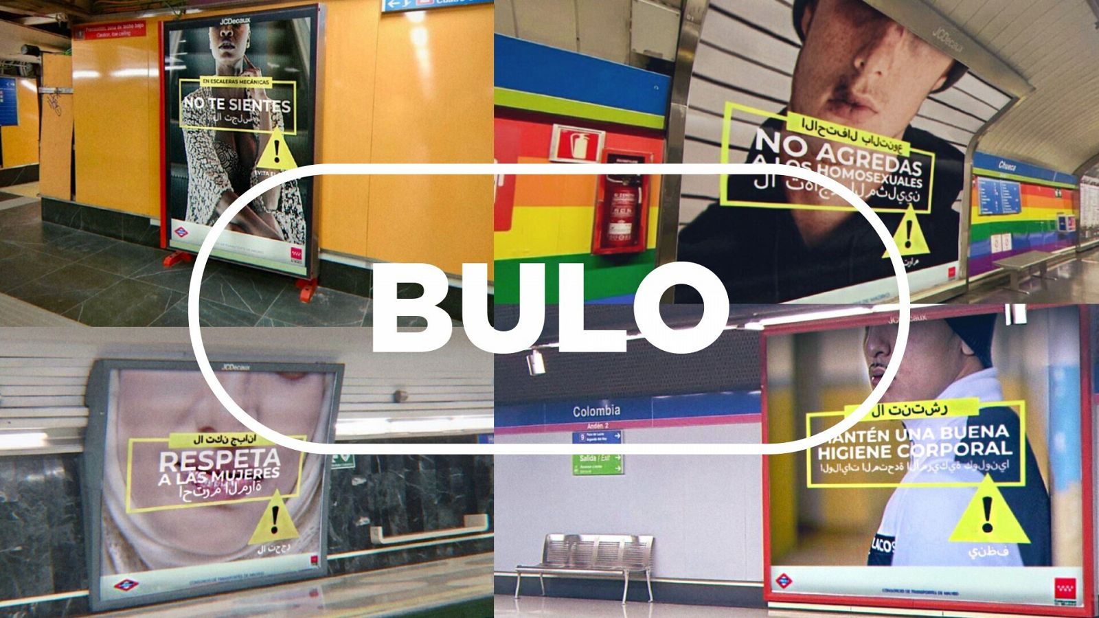 Imágenes de los supuestos carteles publicitarios que se están colgando en el metro de Madrid, con el sello bulo en blanco.