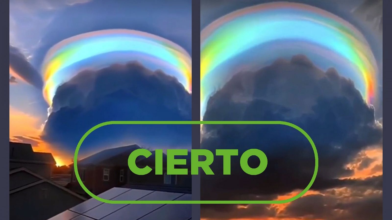 Imágenes del vídeo que muestra una nube iridiscente con colores 'arcoíris'. Con el sello cierto.
