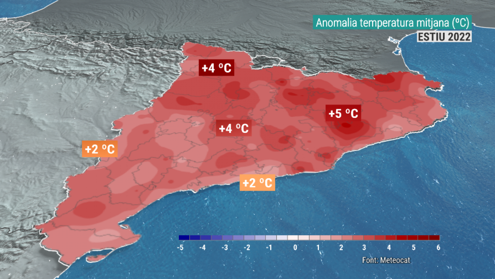 Mapa d'anomalia de temperatura durant l'estiu e 2022