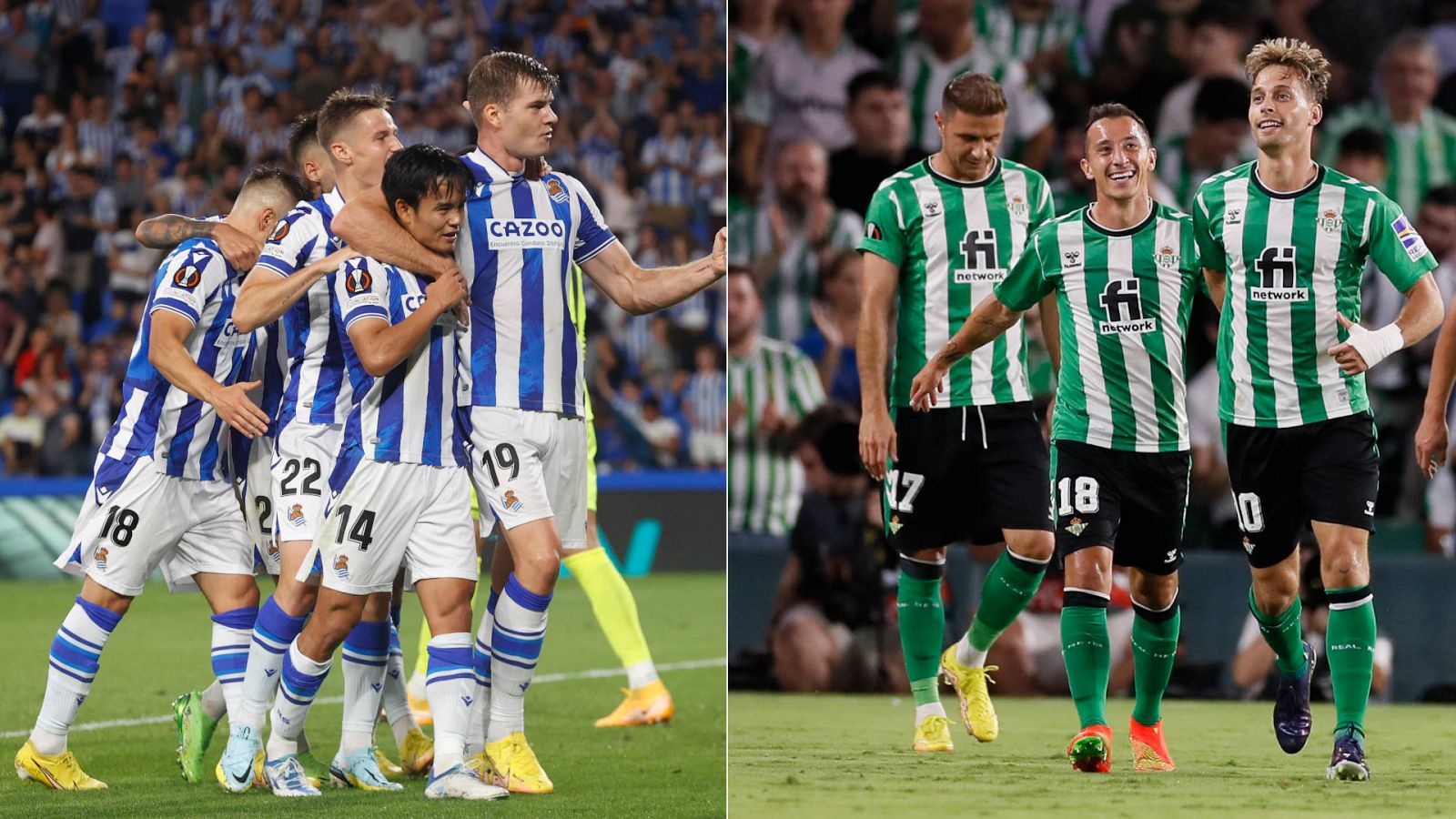 Los jugadores de la la Real Sociedad (i) y el Betis celebran goles en sus respectivos partidos de Europa League