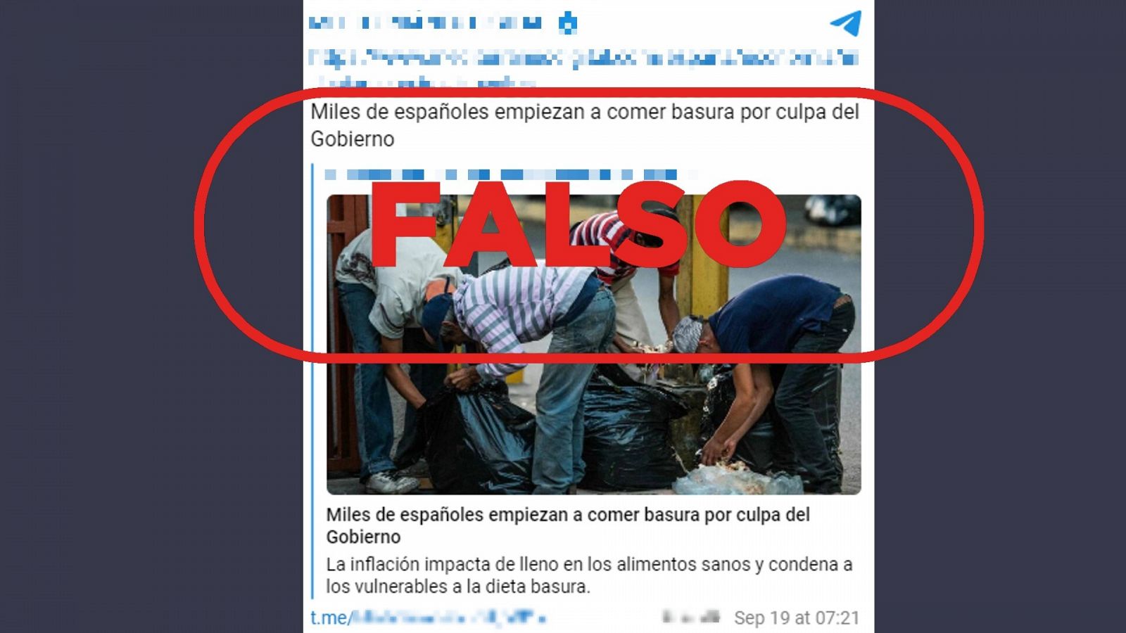 Captura de imagen que difunde el bulo de que miles de españoles han comenzado a comer basura, con el sello de falso de VerificaRTVE