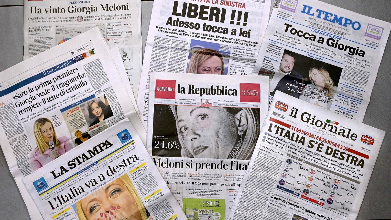 Portadas de la prensa italiana tras las elecciones del 25 de septiembre de 2022. Foto: Vincenzo PINTO / AFP