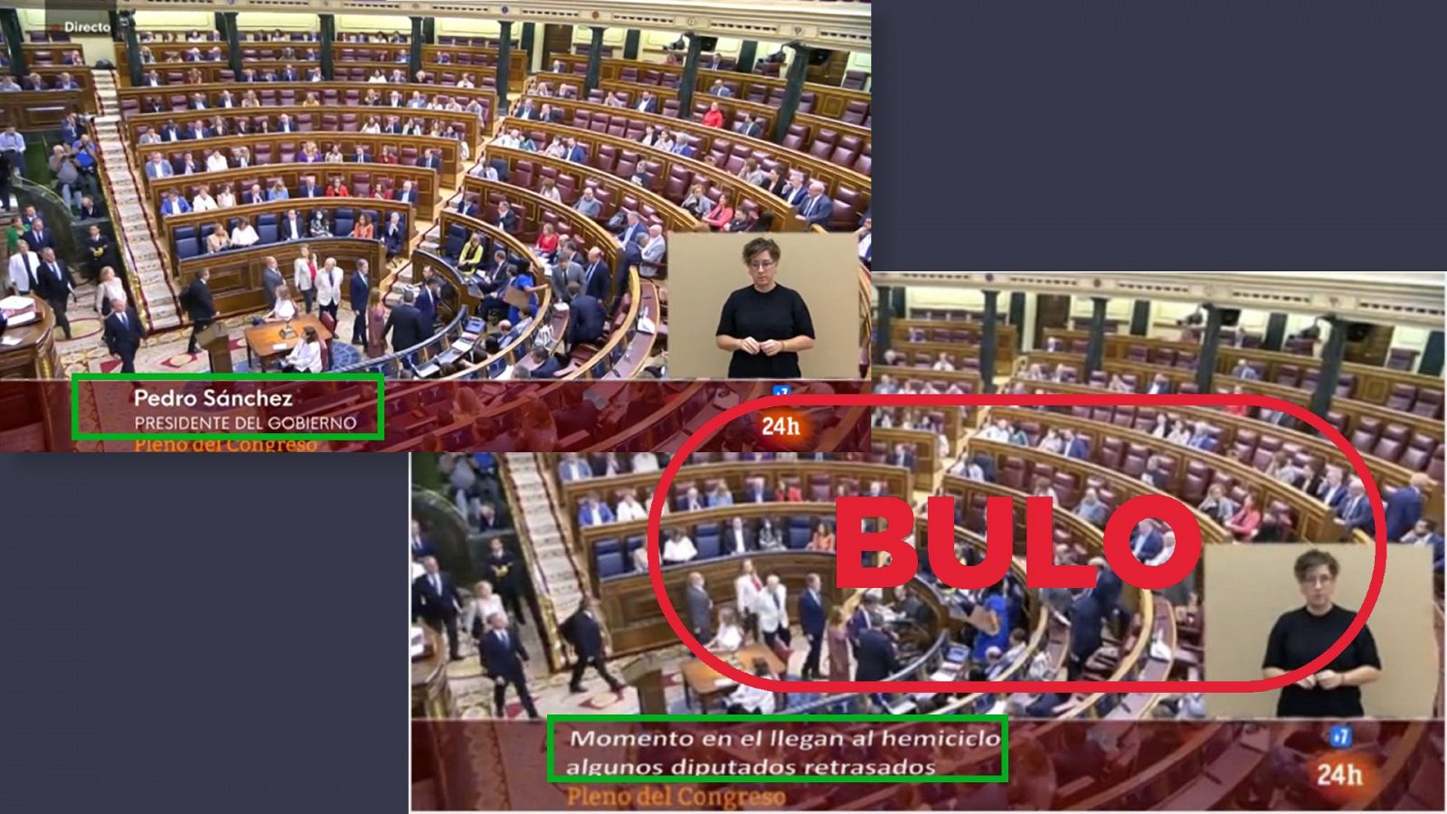 A la derecha, imagen falsa que hace un montaje con el rótulo para que se lea 'algunos diputados retrasados'. A la izquierda, la imagen real emitida en el canal 24 Horas de RTVE con el rótulo 'Pedro Sánchez'