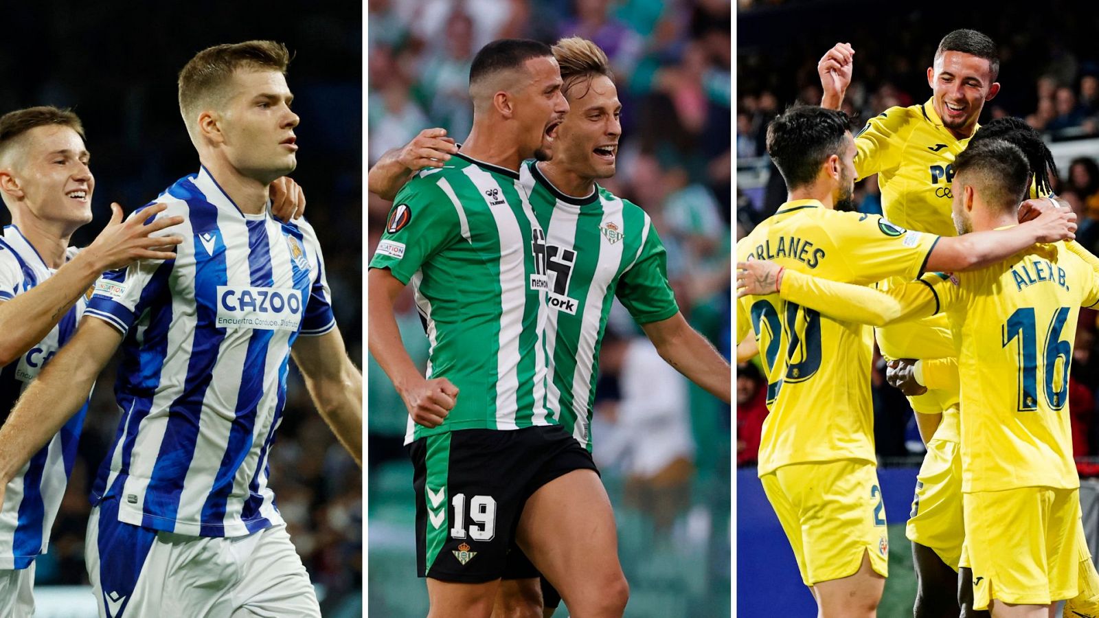 Jugadores de la Real Sociedad, el Betis y el Villarreal celebran goles este jueves