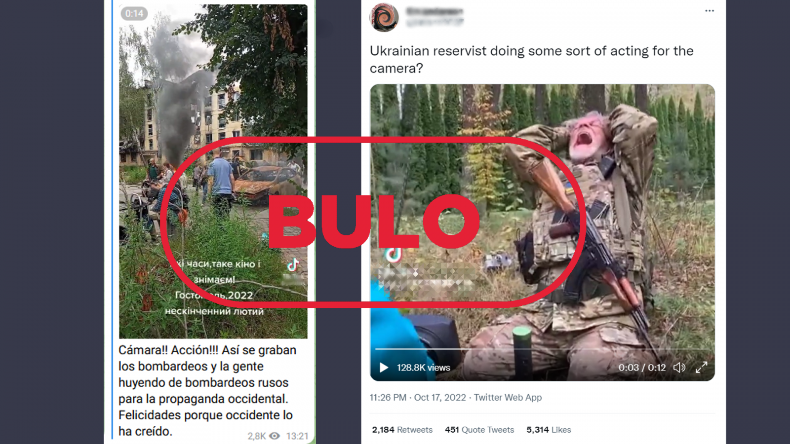 Mensajes de redes sociales que difunden la falsa idea de que estas grabaciones son ataques escenificados en Ucrania, con el sello 'Bulo' en rojo