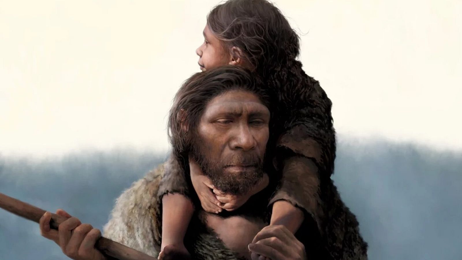 Ilustración de un padre neandertal y su hija.