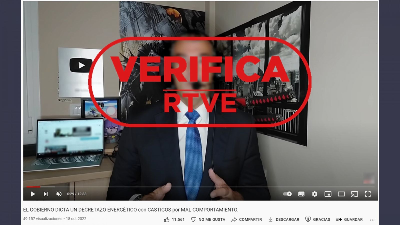 Captura del vídeo de YouTube donde se afirma que las nuevas medidas energéticas castigan a los que consuman más gas. Con el sello VerificaRTVE