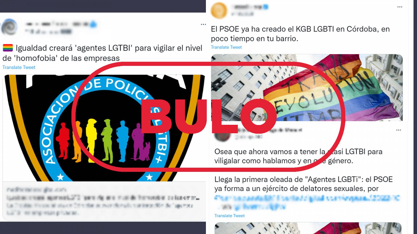 Mensajes que difunden el bulo de la creación de 'agentes LGTBI' para denunciar incumplimientos de la normativa con el sello: Bulo