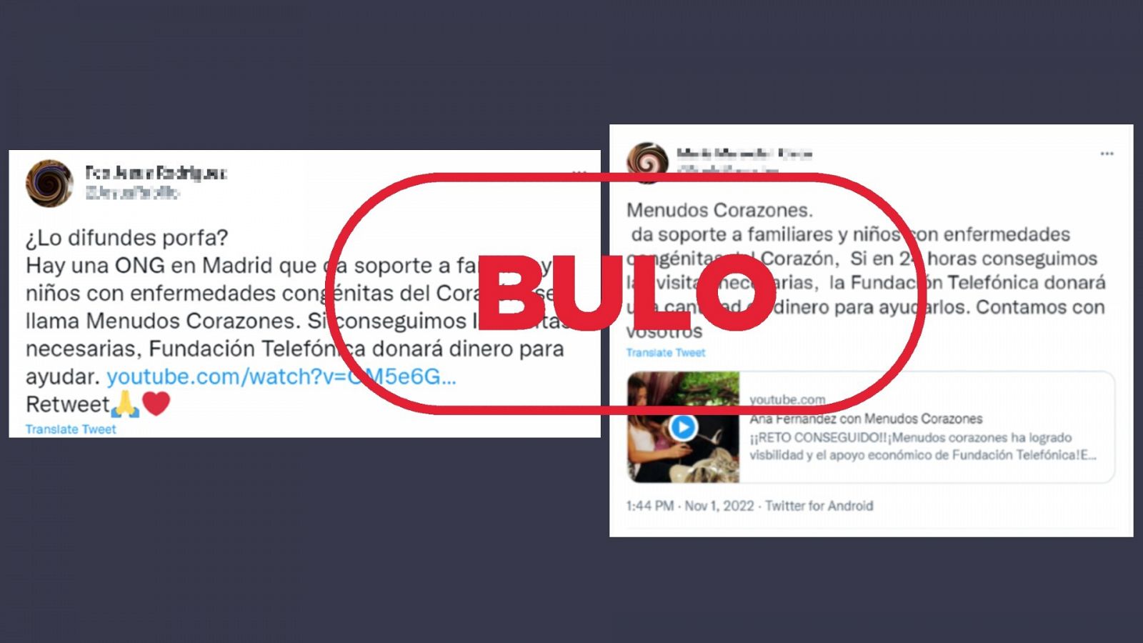 Mensajes que difunden la idea de que la campaña solidaria hacia la Fundación Menudos Corazones está activa, con el sello de bulo de VerificaRTVE en rojo