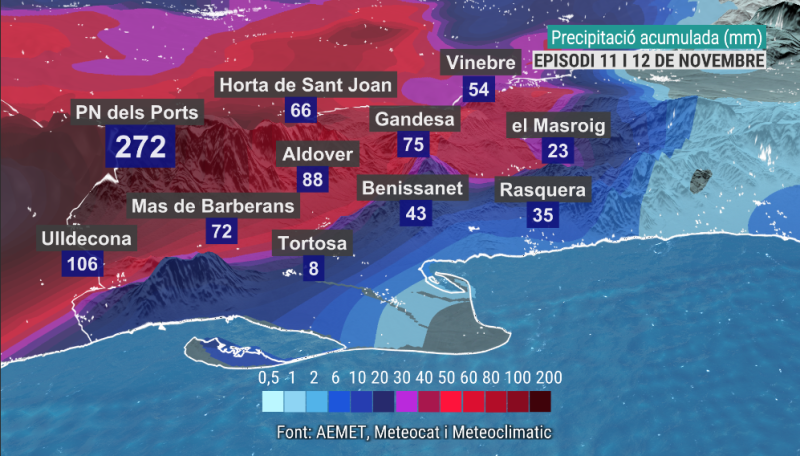Precipitació acumulada entre divendres 11 i dissabte 12 a les Terres de l'Ebre