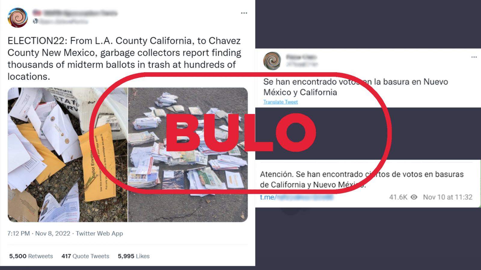 Mensajes de redes que comparten imágenes de papeletas en la basura asegurando que son imágenes actuales en California y Nuevo México, con el sello de bulo de VerificaRTVE