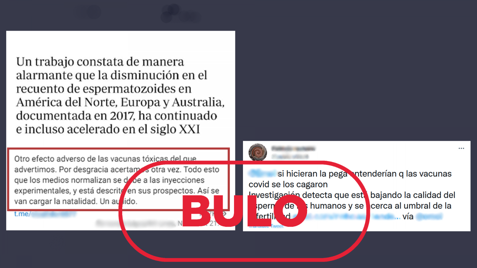 Dos mensajes de redes que difunden la falsa idea de que la calidad de esperma ha empeorado en todo el mundo tras la inoculación de la vacuna anticovid, con el sello 'Bulo' en rojo