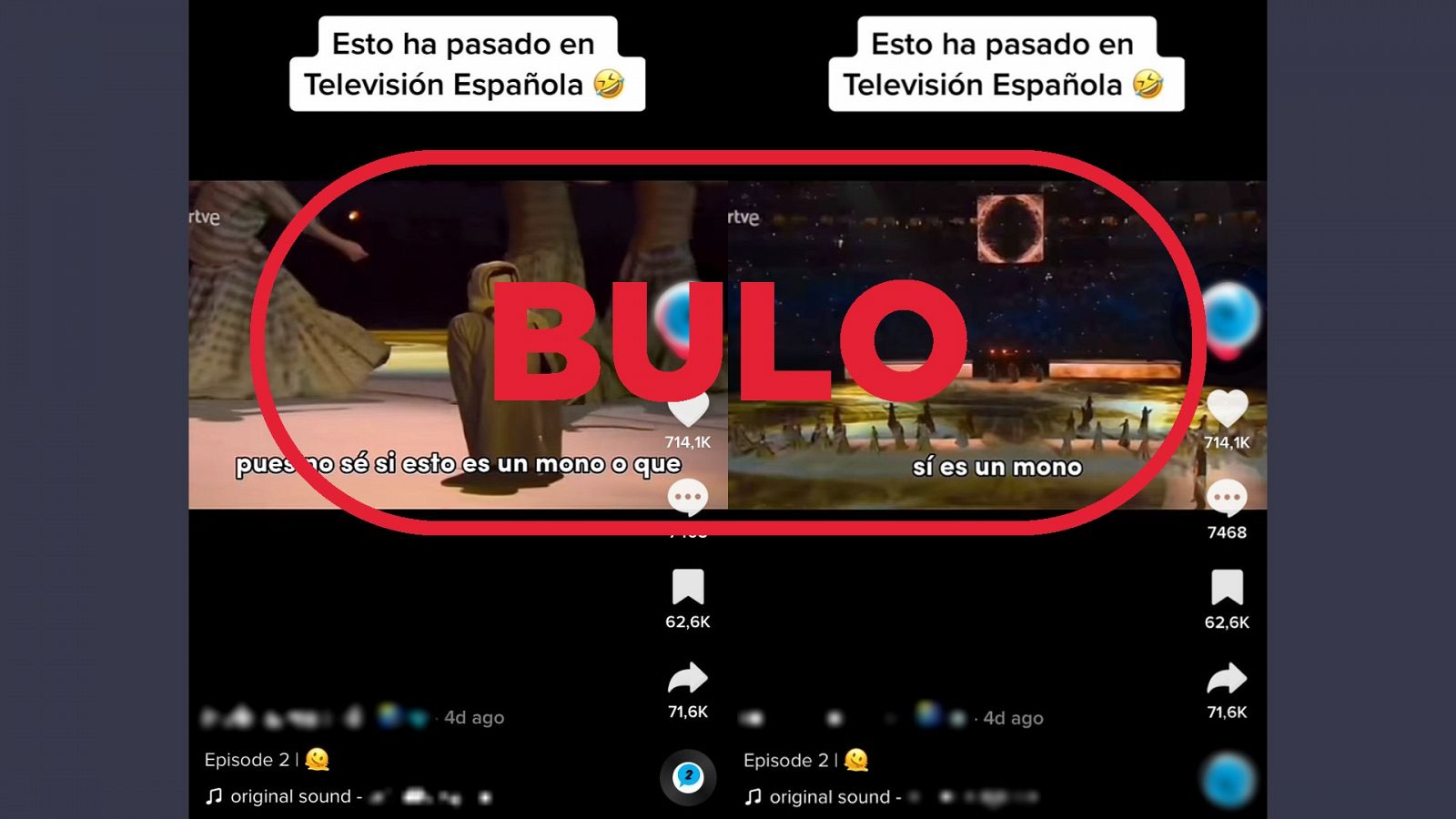 Vídeo de TikTok que reproduce el bulo de que RTVE ha llamado 'mono' a una persona con discapacidad. Con el sello bulo.