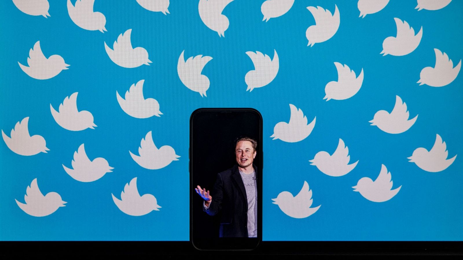Elon Musk en la pantalla de un telefóno móvil rodeado de iconos de Twitter