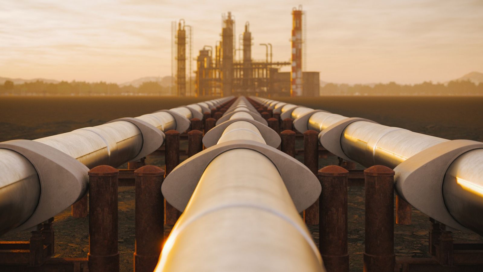 Una refinería de petróleo y oleoducto en el desierto