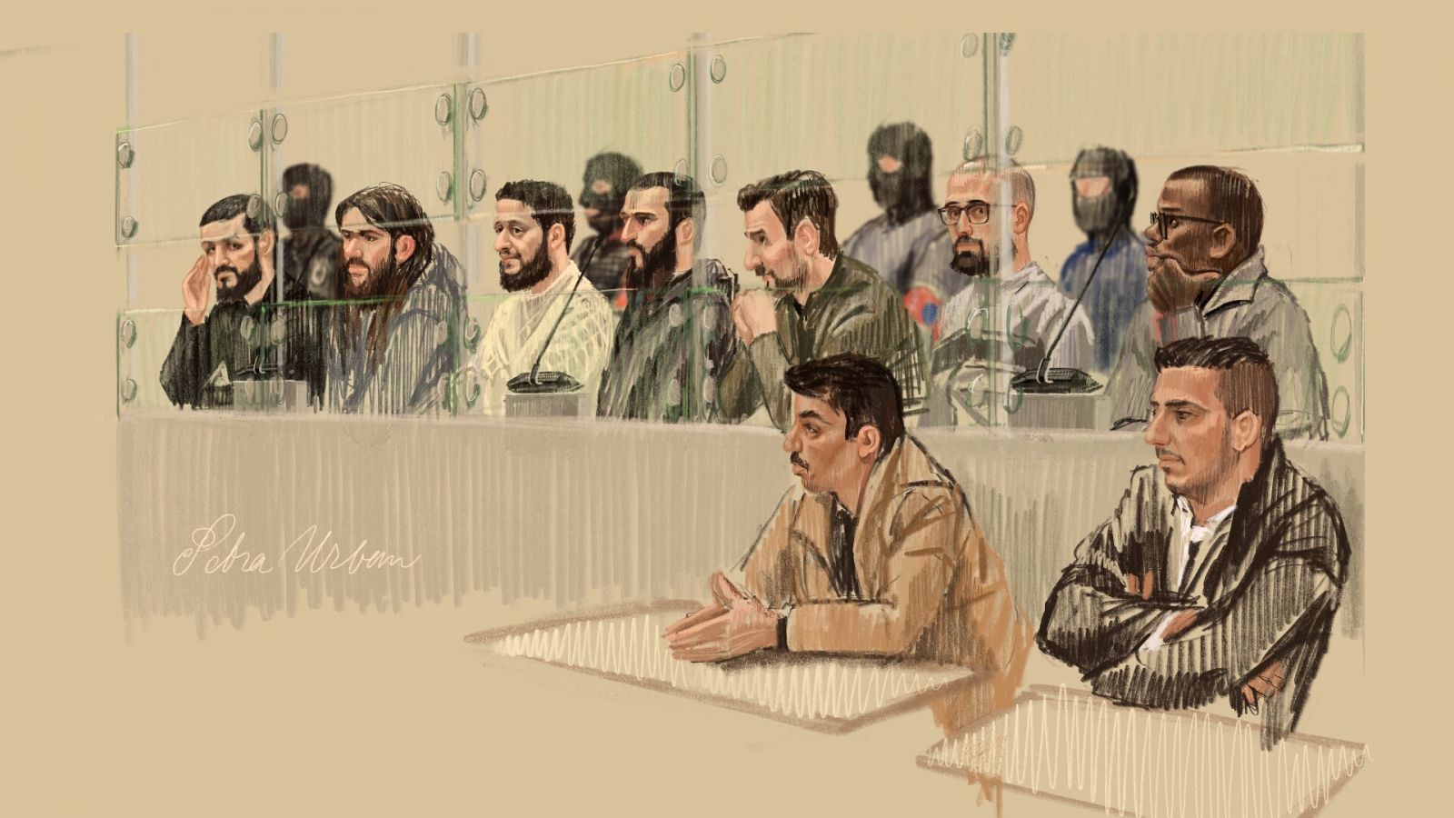 Boceto de sala muestra a los acusados durante el juicio por los atentados de Bruselas