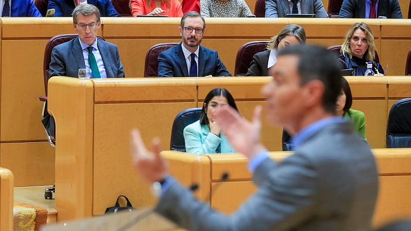 El líder del PP, Alberto Núñez Feijóo escucha la intervención presidente del Gobierno, Pedro Sánchez, en el Senado