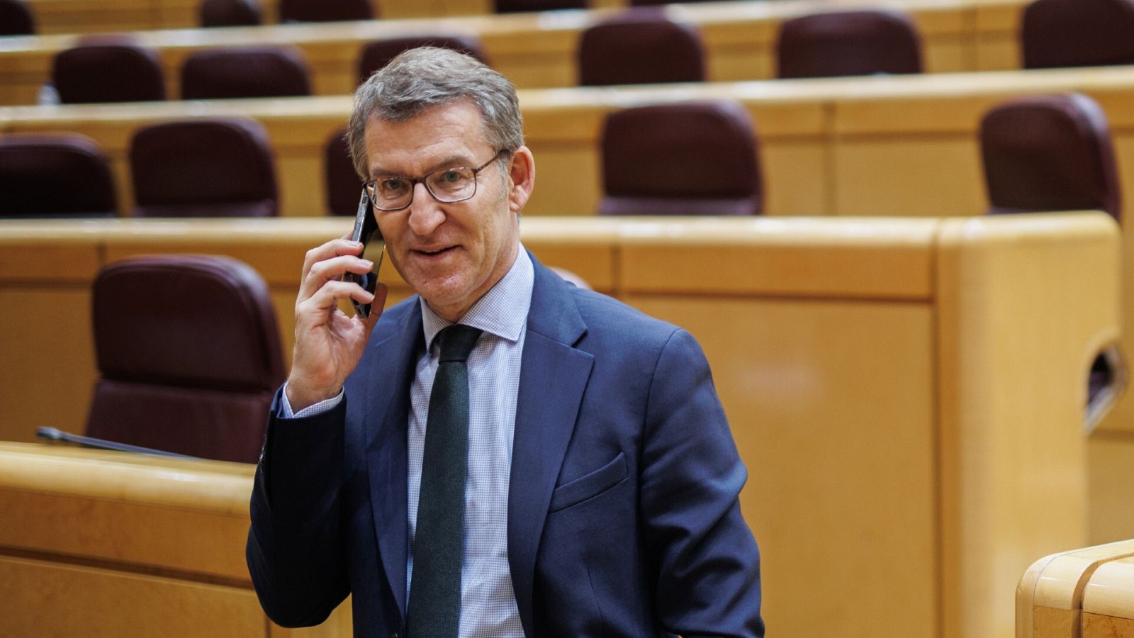 El presidente del PP, Alberto Núñez Feijóo, conversa por teléfono durante una sesión plenaria en el Senado.