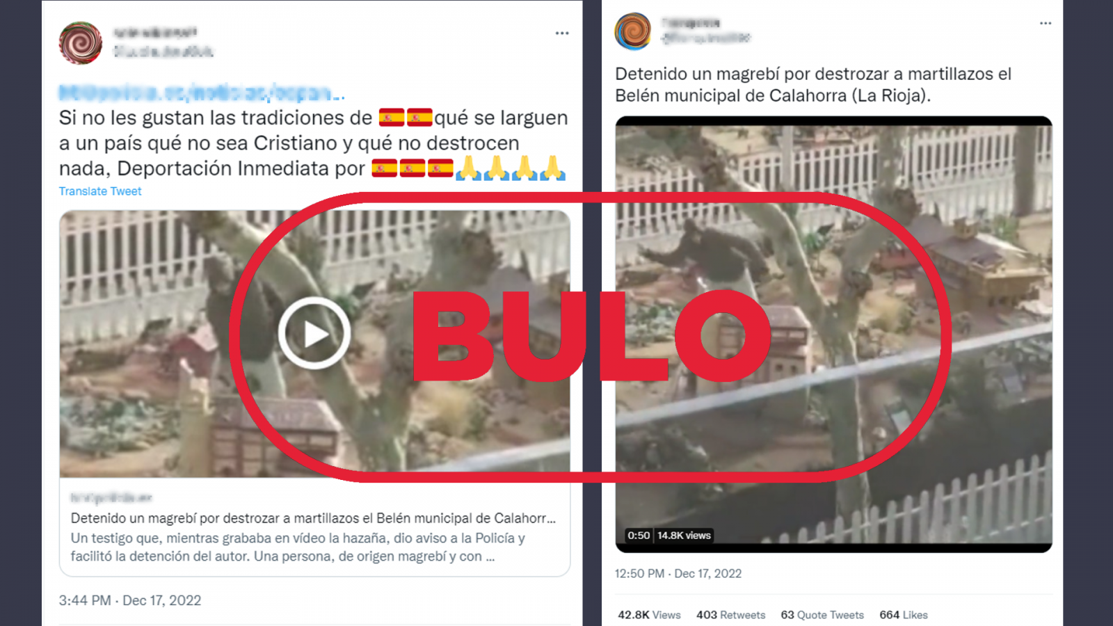 Mensaje que difunde el bulo sobre que la persona que destrozó el belén de Calahorra es de origen magrebí, con el sello 'bulo' en rojo