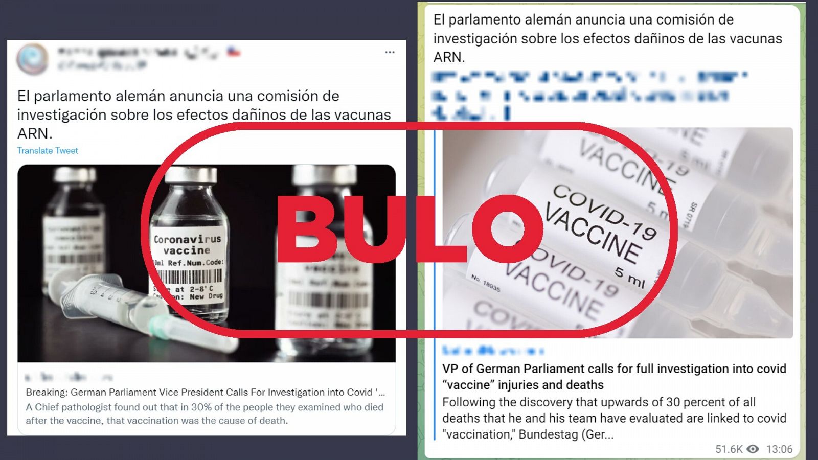 Mensajes que difunden la falsa idea de que el Parlamento alemán ha abierto una investigación sobre los efectos adversos de las vacunas anticovid. Con el sello bulo