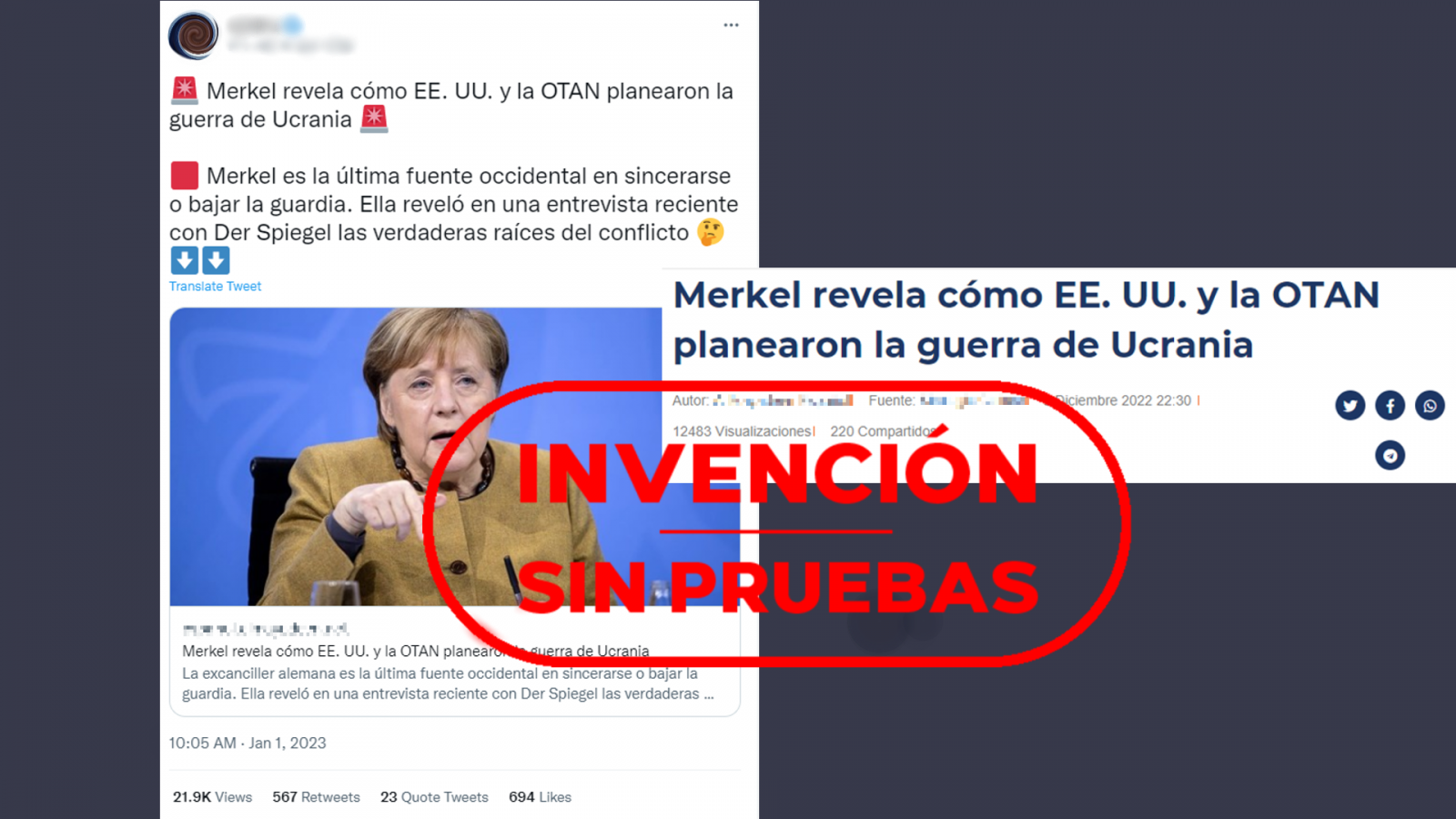 No hay pruebas de que Merkel haya confesado que la OTAN y EE.UU. planearon la guerra de Ucrania, con el sello 'Invención sin pruebas' en rojo