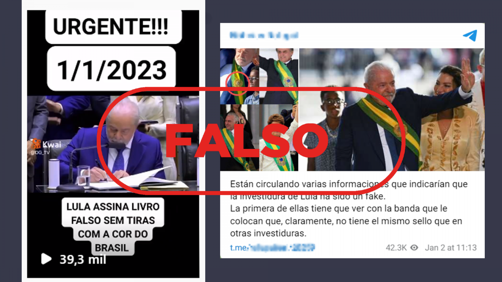 Mensajes de redes sociales que difunden falsas afirmaciones sobre el proceso de investidura de Lula da Silva, con el sello 'falso' en rojo