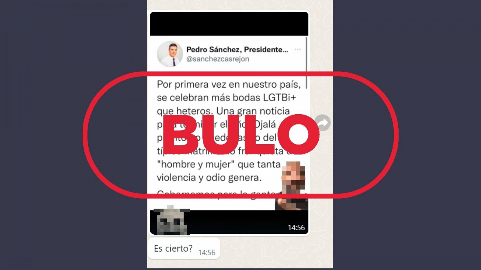 Mensaje enviado al WhatsApp de VerificaRTVE con la captura del tuit de la cuenta parodia de Pedro Sánchez, con el sello 'bulo' en rojo