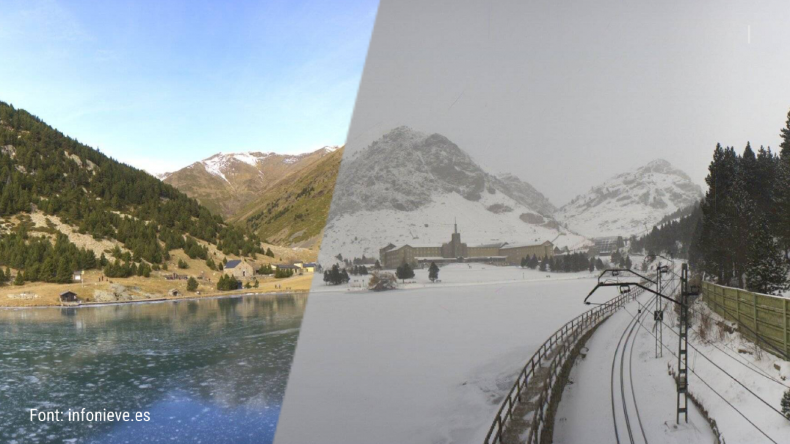 Canvi del paissatge a la vall de Núria entre el passat diumenge i aquest dimecres, després de les nevades