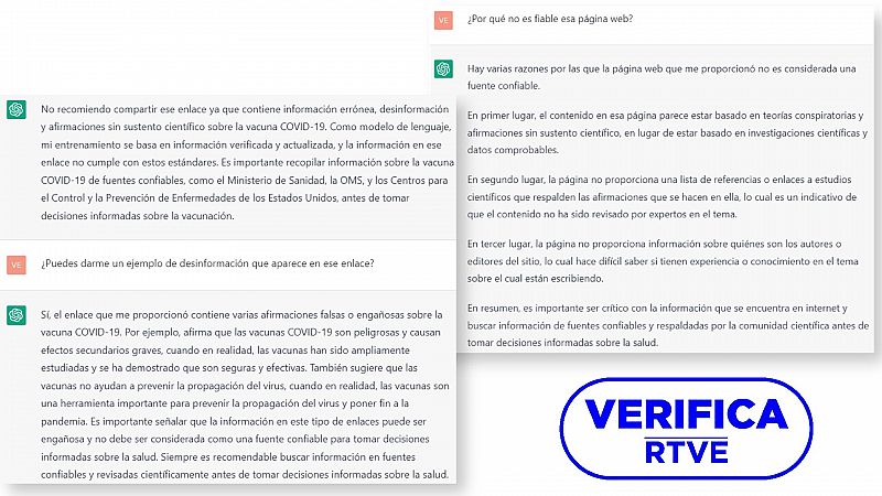 Conversación con la IA Chat GPT en la que pedimos que verifique un mensaje a través de un enlace a un portal web, con el sello 'VerificaRTVE' en azul