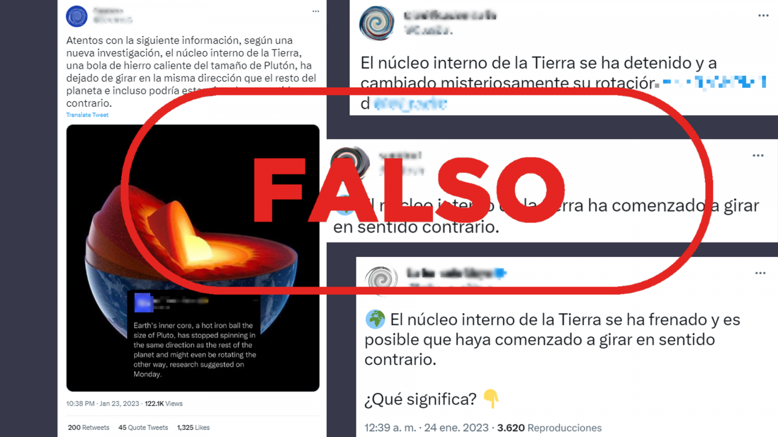 Mensajes que reproducen la falsa idea de que el núcleo interno de la Tierra se ha detenido, con el sello 'Falso' en rojo