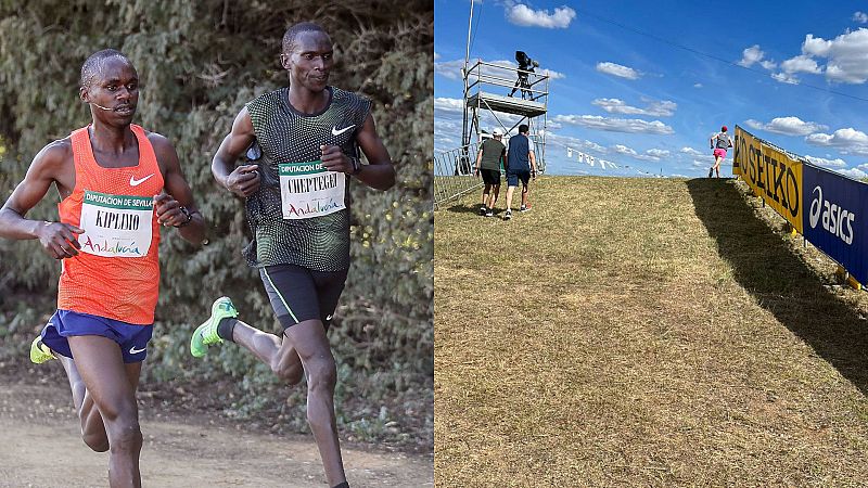 A la izquierda, Jacob Kiplimo y Joshua Chepteg en un cross; a la derecha, una subida en el circuito del Mundial de Bathurst 2023
