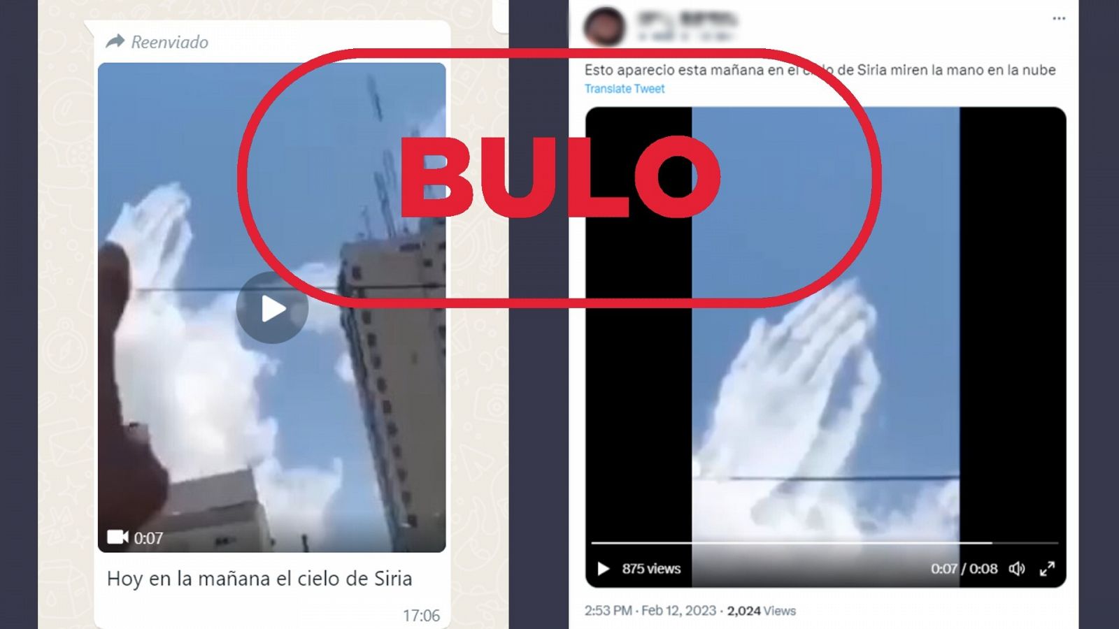 Mensajes que difunden el bulo del vídeo que muestra el cielo en Siria tras el terremoto. Con el sello bulo.