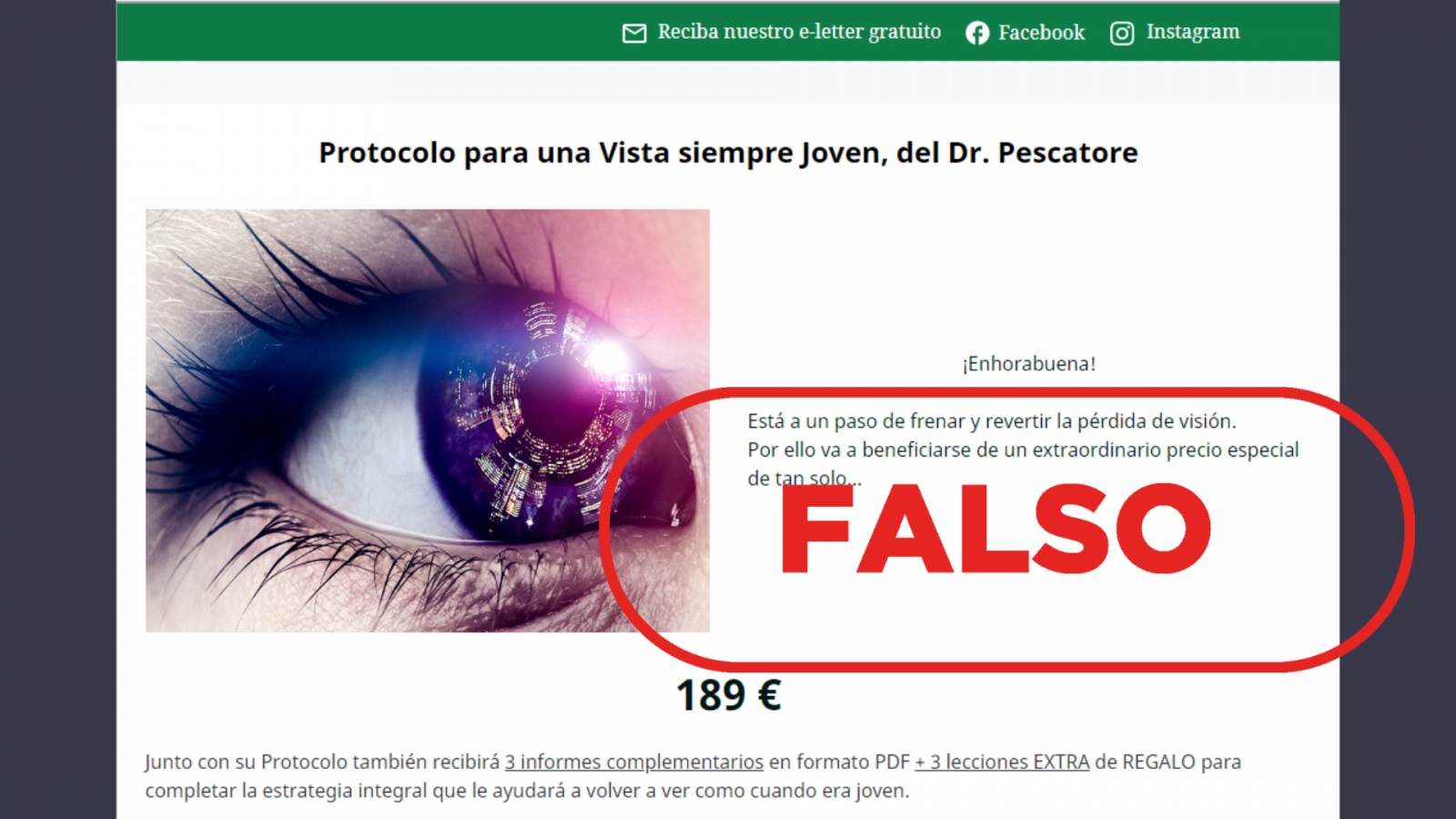 Portal web que difunde un falso ¿protocolo¿ que promete ¿frenar y revertir la pérdida de visión¿ de las enfermedades más graves de la vista, con el sello 'Falso' en rojo