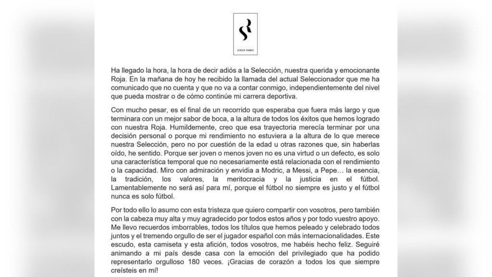  Comunicado de Sergio Ramos en el que anuncia su despedida de la selección
