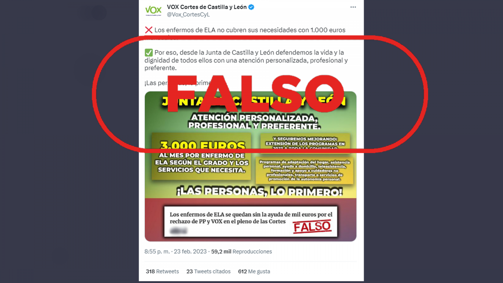 Imagen que difunde la falsedad de que los enfermos de ELA de Castilla y León reciben 3.000 euros mensuales en ayudas