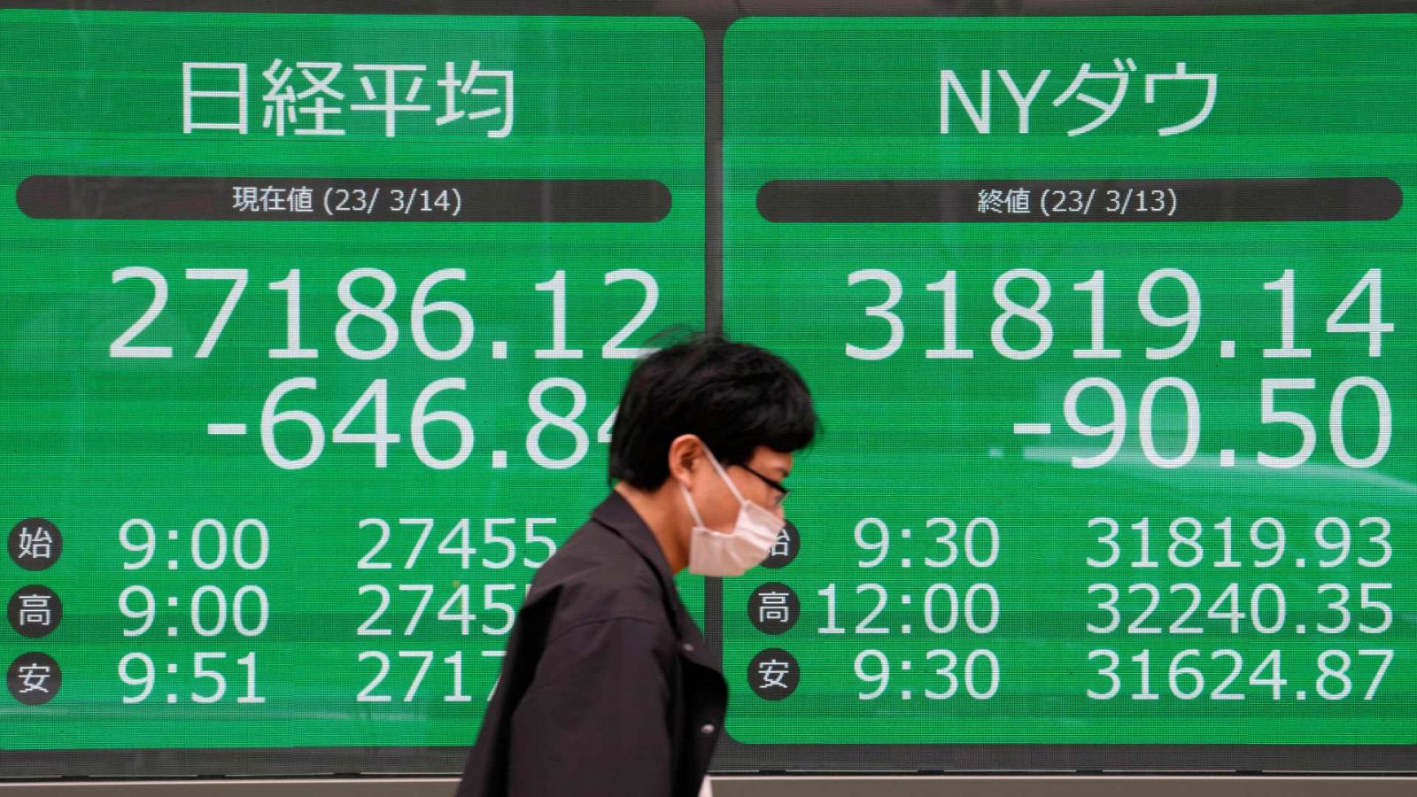 Un tablero electrónico muestra los índices Nikkei 225 de Japón y Dow de Nueva York en Tokio.